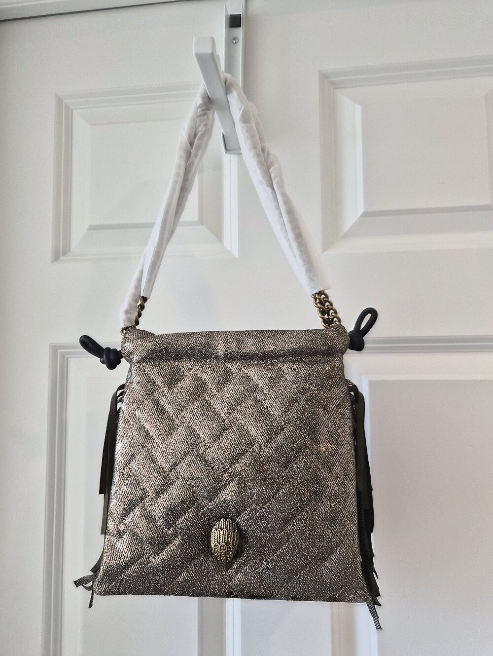 *NWT* [Kurt Geiger] Small Kensington Drawstring Bag, Gold, Suede, Fringe
